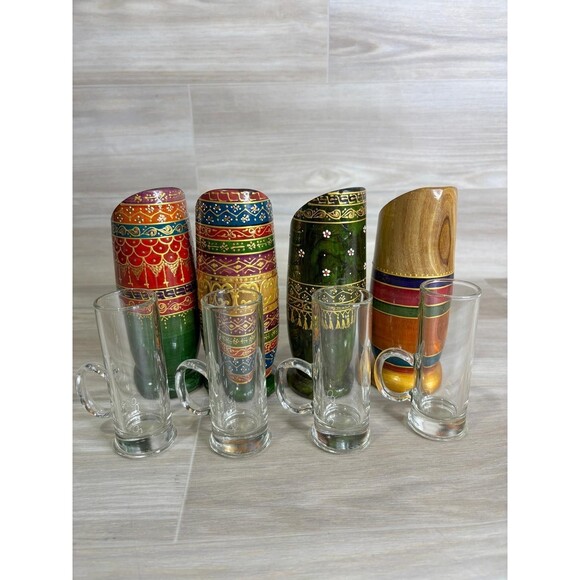 Handmade North Africa Olive Wood 4 Shot Mugs Hand Crafted Glass Mugs Colorful - Picture 7 of 12